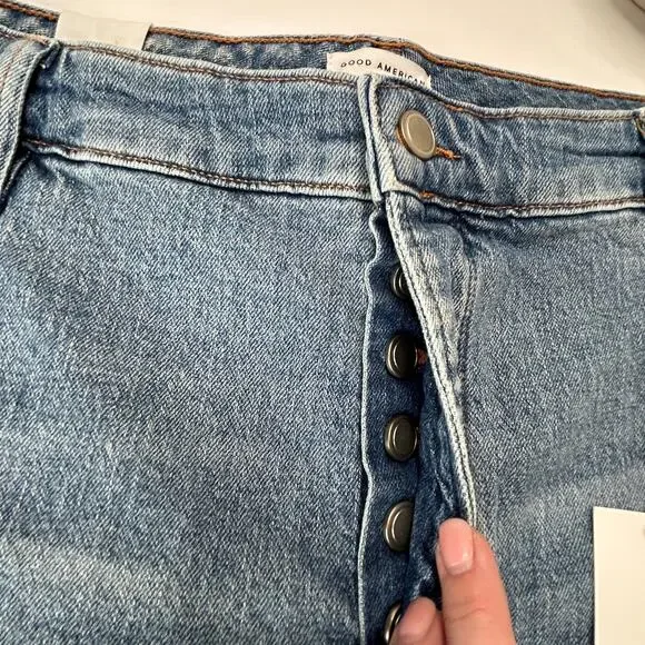 Good American Bombshell Rhinestone Fringe Cutoff Jean Shorts Blue Women 16 NWT - Picture 5 of 12